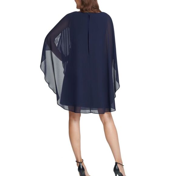 VINCE CAMUTO Navy Embellished Caped Crew Neck Evening Shift Dress - Picture 3 of 13